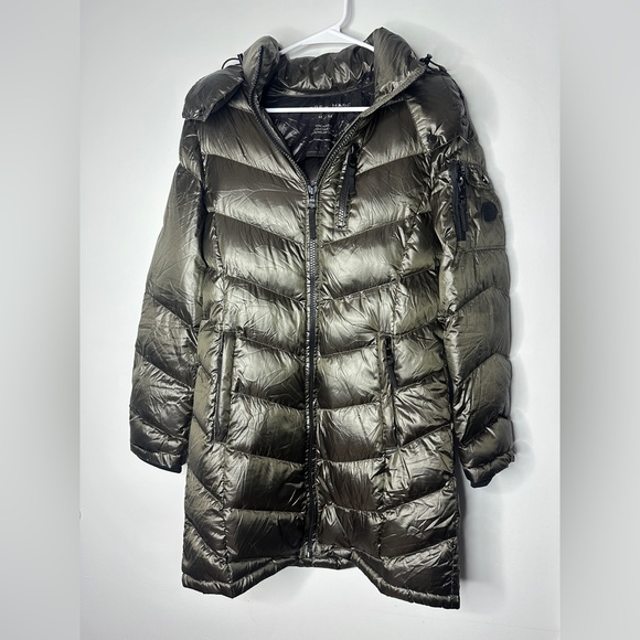Andrew Marc Long Down Feather Fill Dark Green Puffer Coat Hooded Packable Jacket - Picture 4 of 14